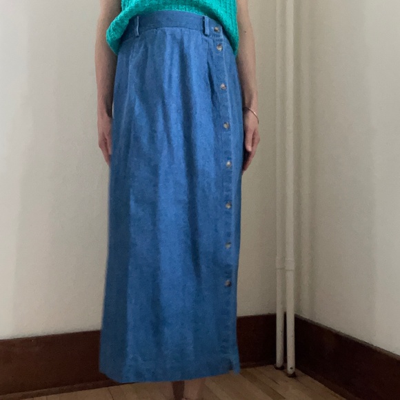 Vintage High Waisted Long Denim Skirt with Side Button Band - Picture 1 of 14